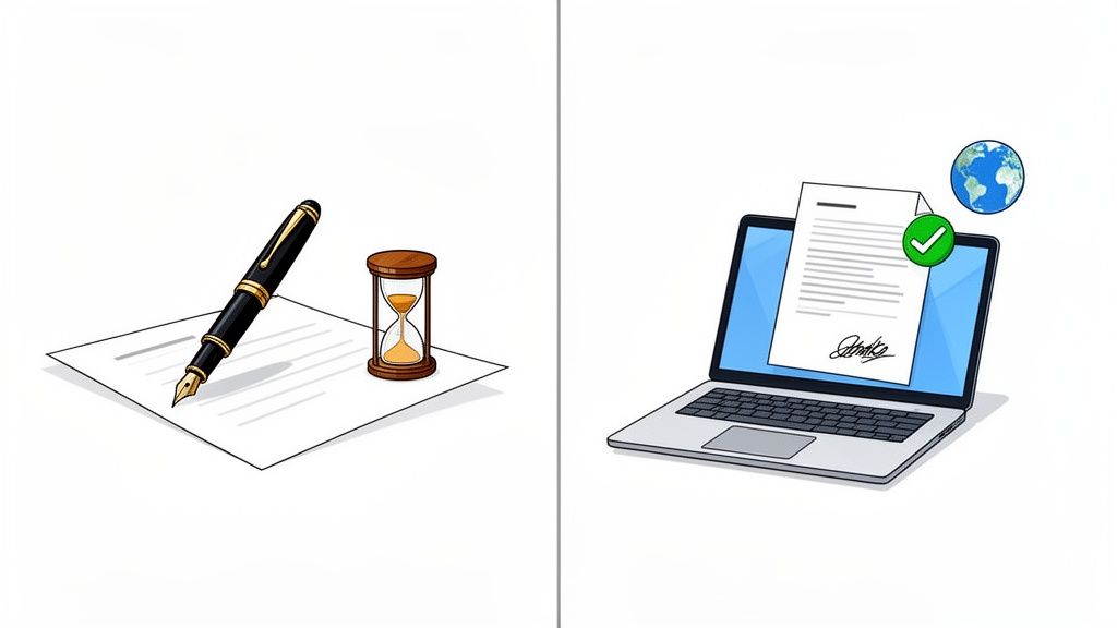 A split image comparing traditional document signing with a pen and paper versus modern digital signing on a laptop.