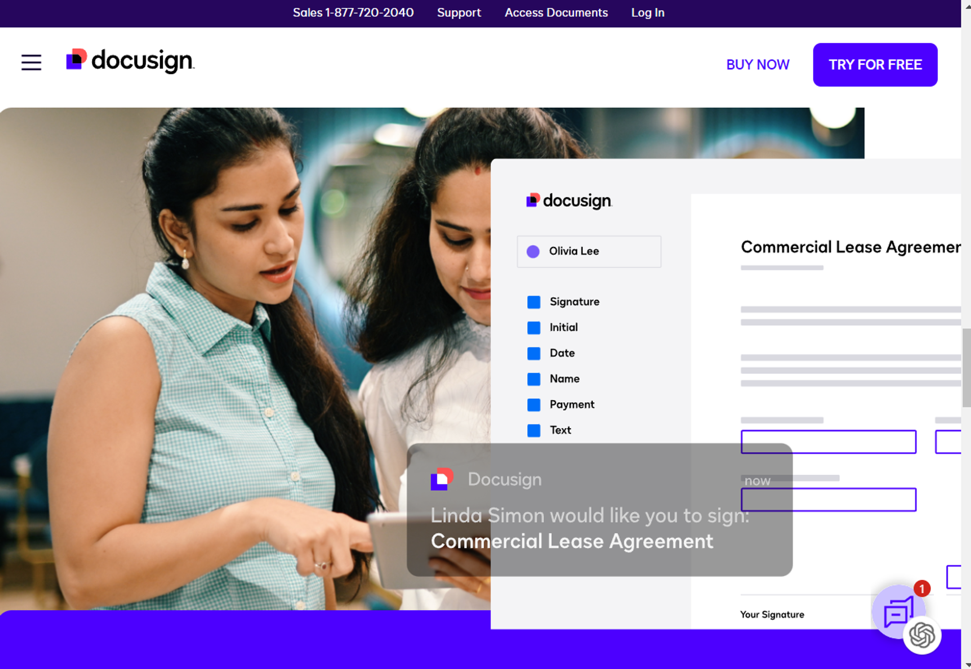 DocuSign website showing a notification to sign a commercial lease agreement with two women in the background.