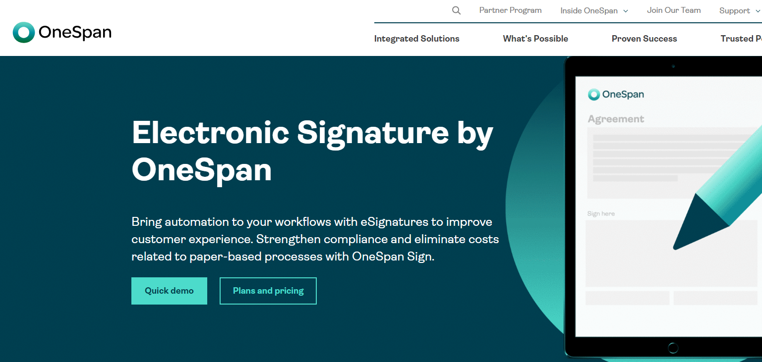 OneSpan Sign homepage showcasing its secure e-signature services.