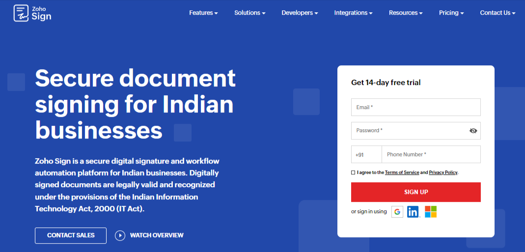 Zoho Sign webpage highlighting electronic signature services with Zoho ecosystem integration.